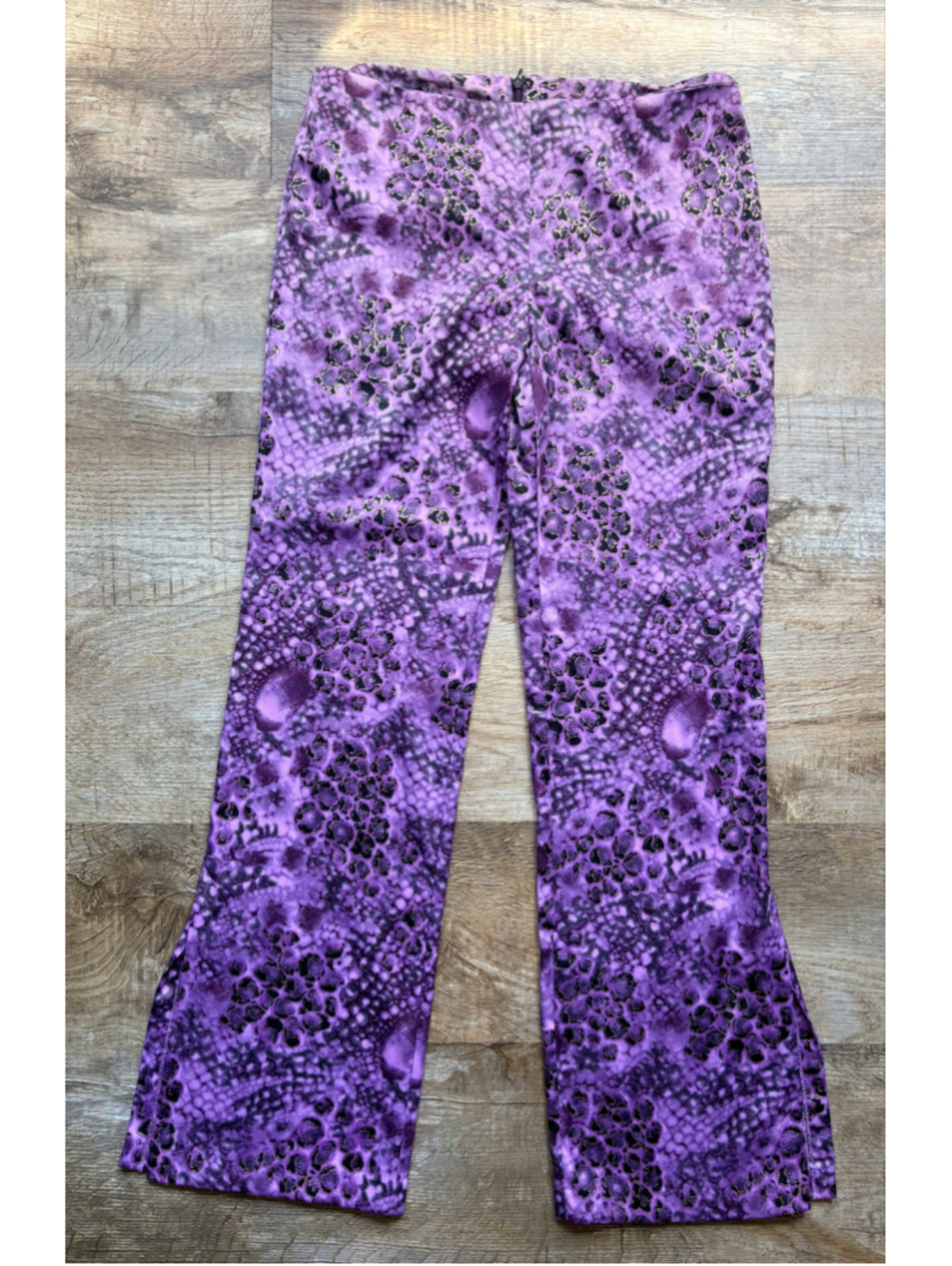 To The Max Purple Animal Print Flare Pants Size 10 Foil Accent Y2K Style